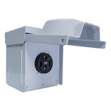 ENERLITES 66500MHW heavy-duty 50A outdoor receptacle box with galvanized steel construction, NEMA 3R weather-resistant enclosure, and silver-plated brass contacts for high-power devices.
