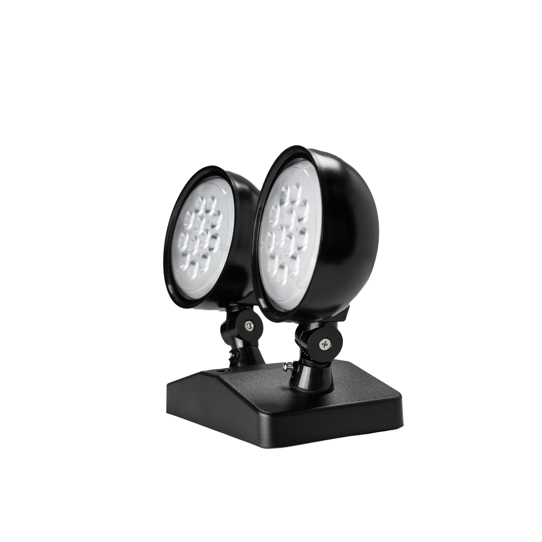 LED Remote Emergency Light with dual 6W adjustable PAR-type heads, thermoplastic housing in white or black finish, UL Listed for damp locations.