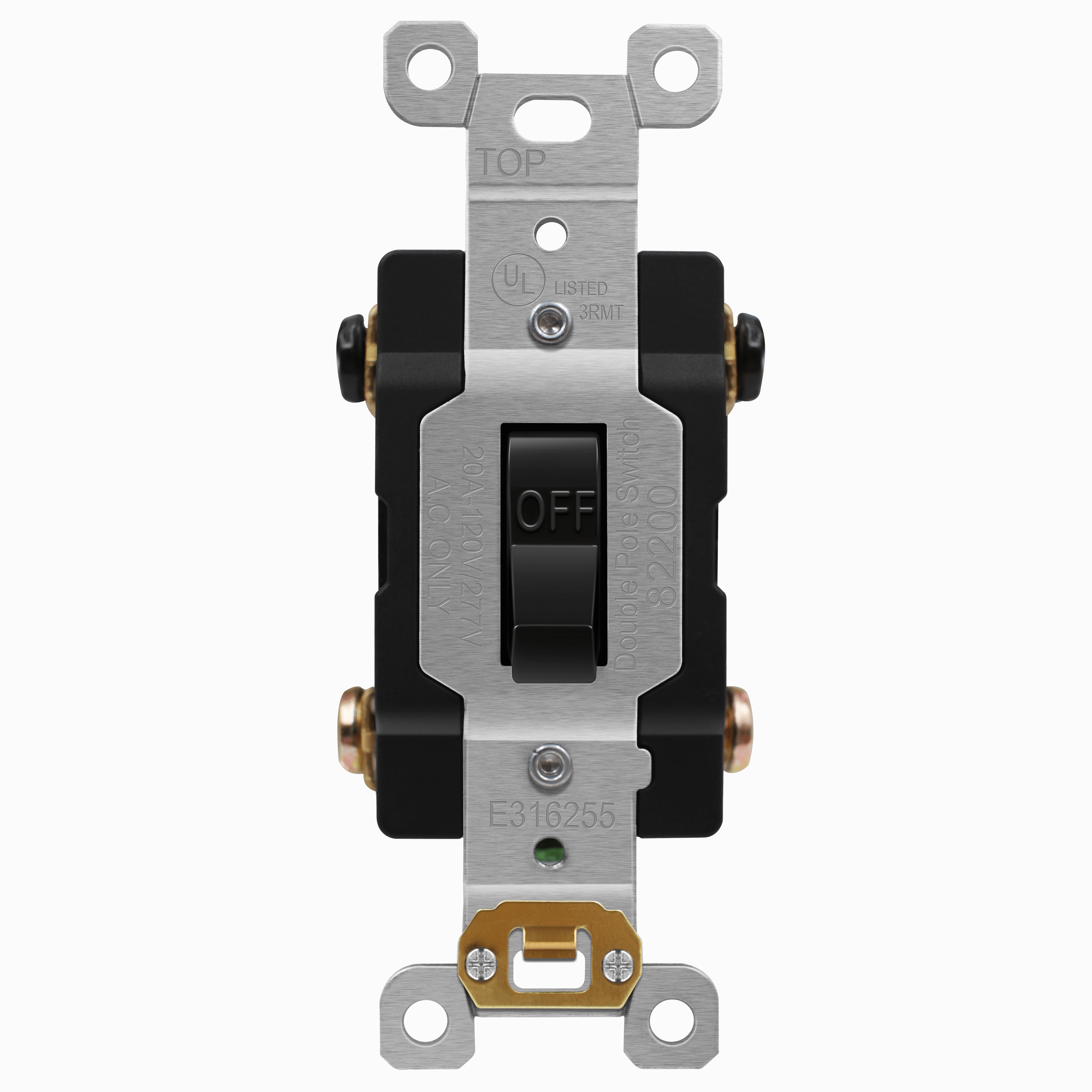 Commercial Grade 20A Double Pole Toggle Switch with Pilot Light and Steel Mounting Strap