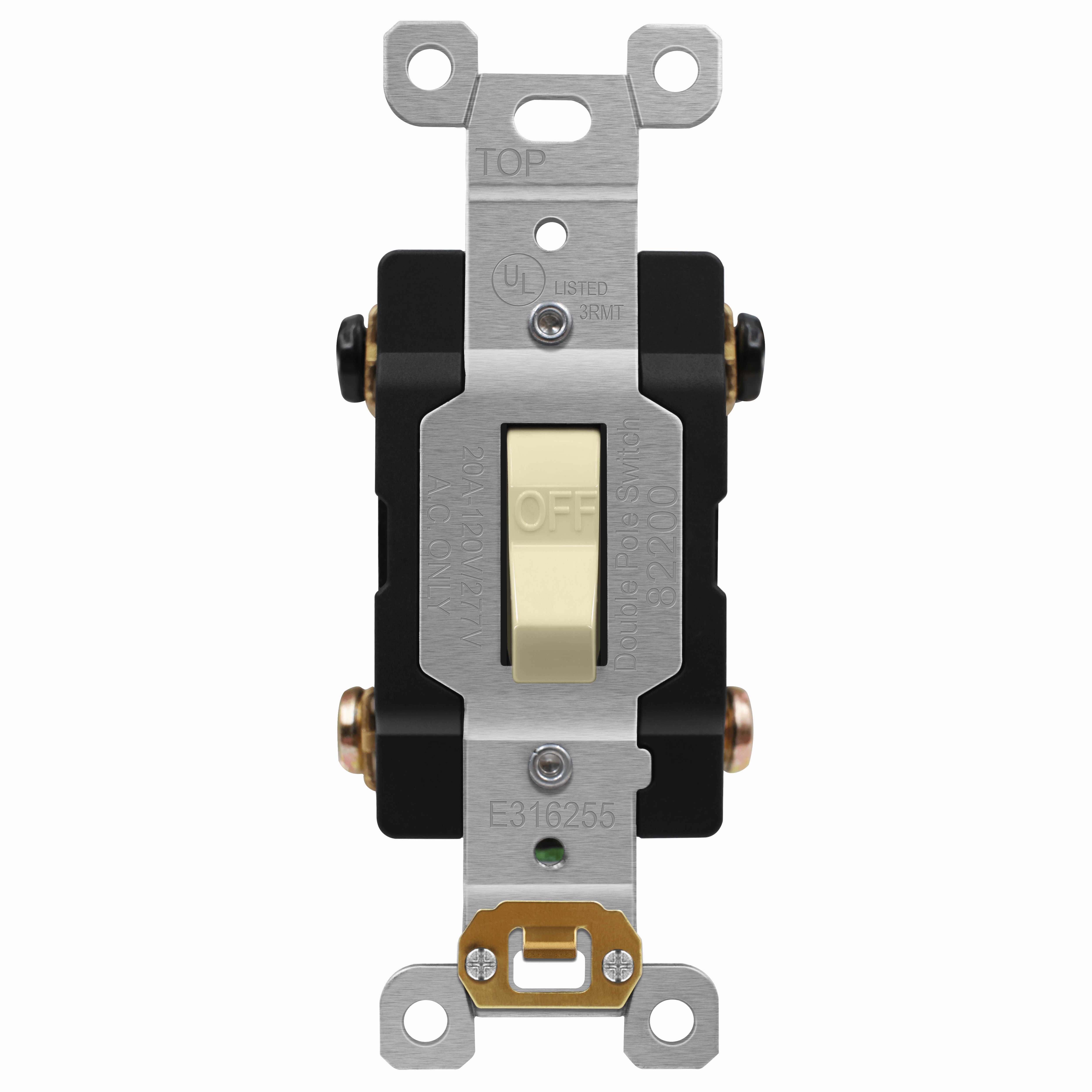 Commercial Grade 20A Double Pole Toggle Switch with Pilot Light and Steel Mounting Strap
