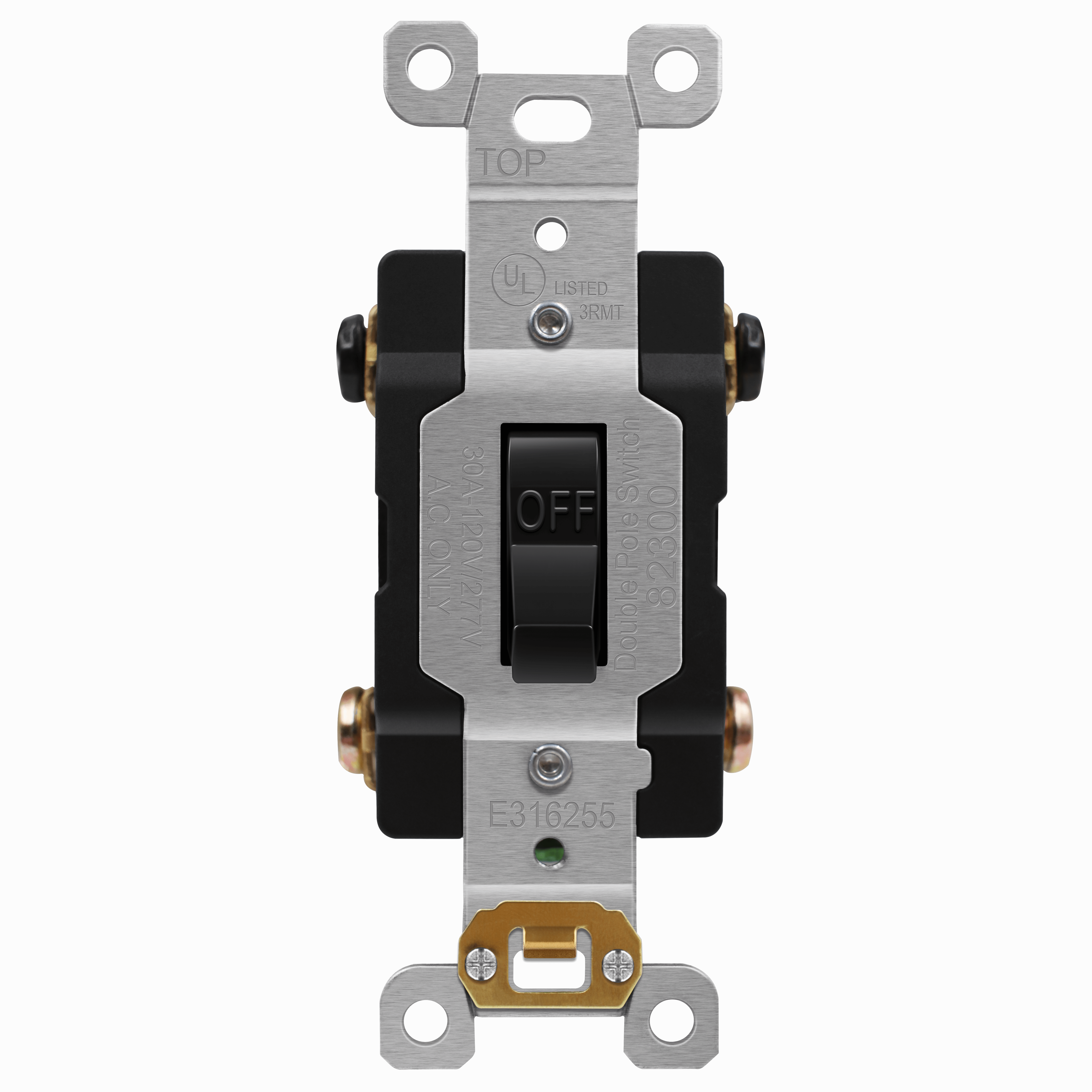 Commercial Grade 30A Double Pole Toggle Switch with Pilot Light and Steel Mounting Strap