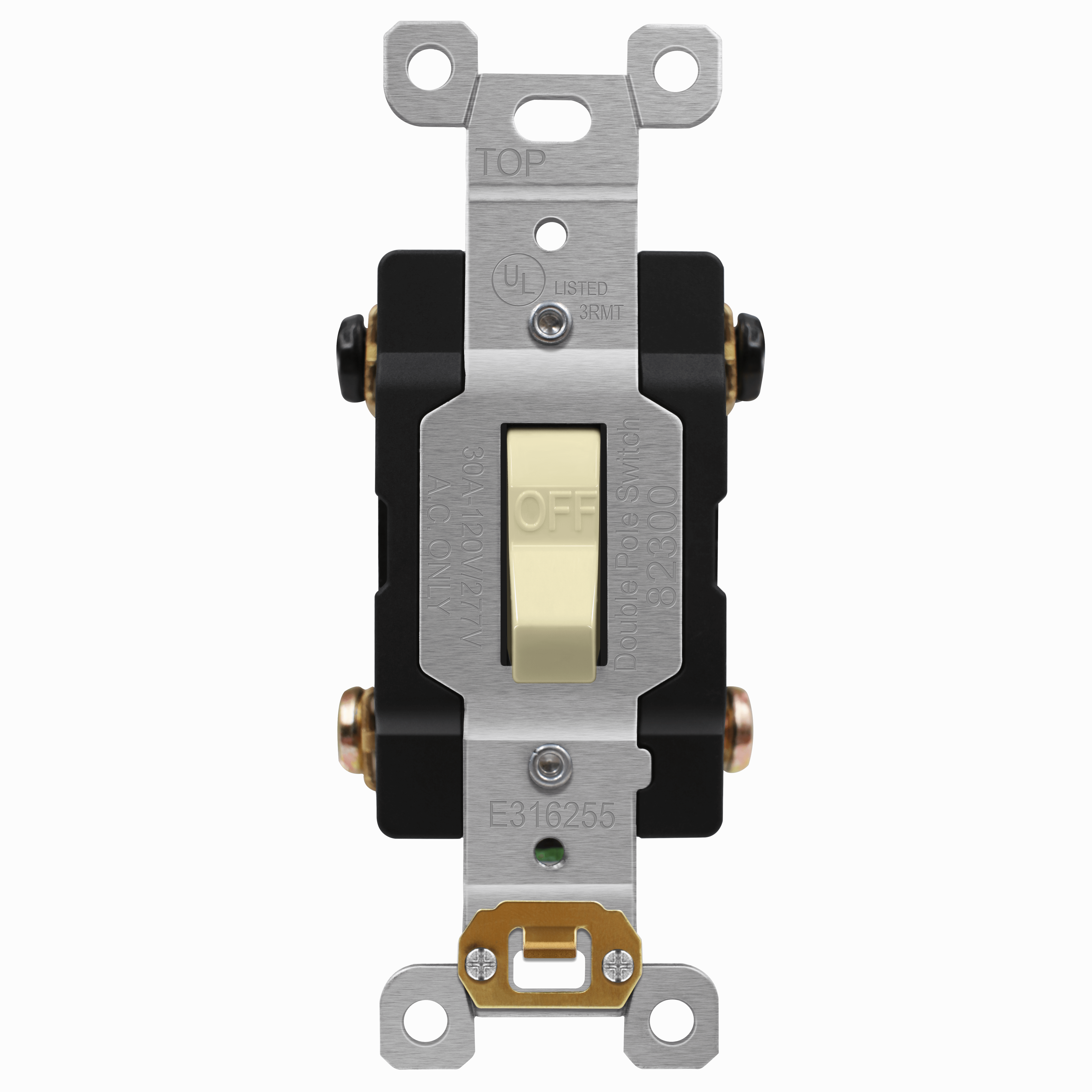 Commercial Grade 30A Double Pole Toggle Switch with Pilot Light and Steel Mounting Strap