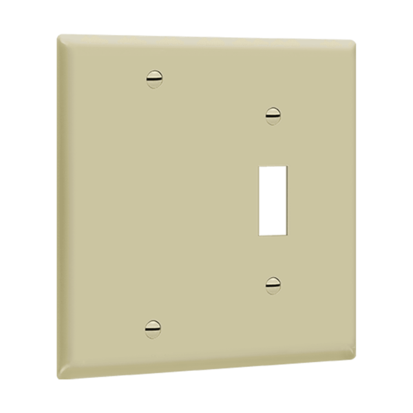 ENERLITES 880111 two-gang combination wall plate with blank and toggle opening, polycarbonate thermoplastic construction, smooth finish, heat and impact resistant, UL listed, UL94 V2 flammability rating.