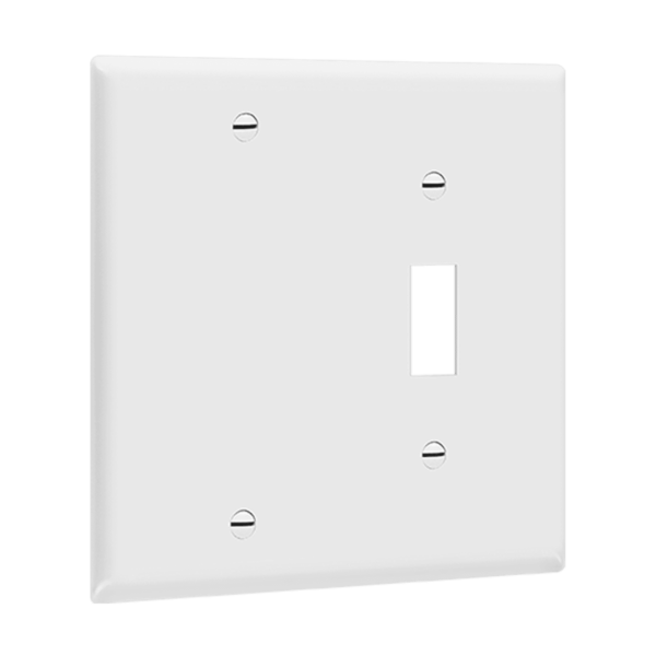 ENERLITES 880111 two-gang combination wall plate with blank and toggle opening, polycarbonate thermoplastic construction, smooth finish, heat and impact resistant, UL listed, UL94 V2 flammability rating.
