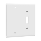 ENERLITES 880111 two-gang combination wall plate with blank and toggle opening, polycarbonate thermoplastic construction, smooth finish, heat and impact resistant, UL listed, UL94 V2 flammability rating.