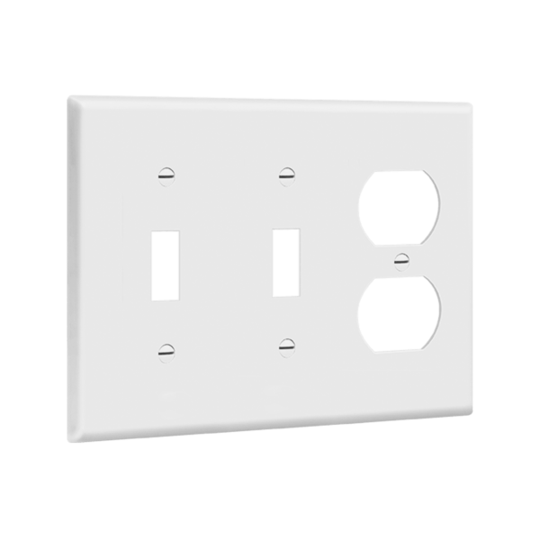 Enerlites 881221 three-gang wall plate with two toggle switches and one duplex receptacle opening