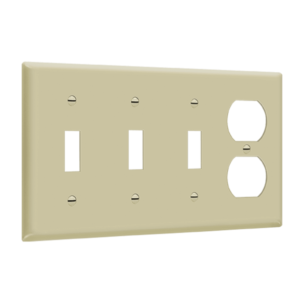 ENERLITES 4-gang wall plate with three toggle switches and one duplex receptacle