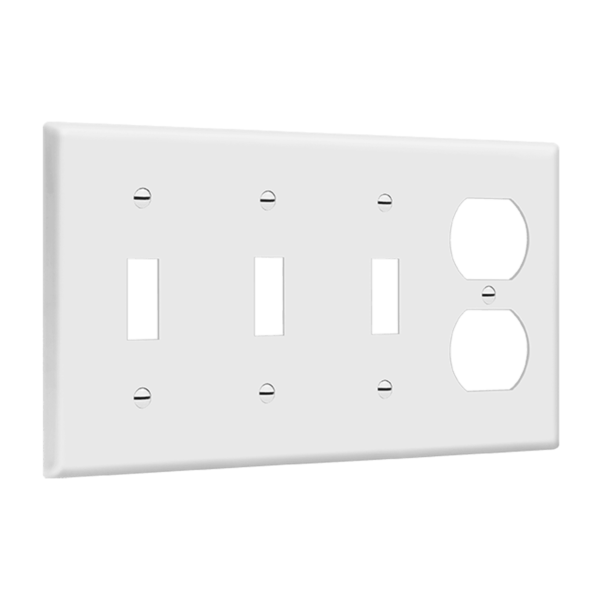 ENERLITES 4-gang wall plate with three toggle switches and one duplex receptacle