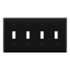 ENERLITES 8814 four-gang toggle switch wall plate made of polycarbonate thermoplastic, smooth finish, heat and impact resistant, UL listed, UL94 V2 flammability rating.
