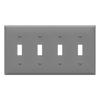 ENERLITES 8814 four-gang toggle switch wall plate made of polycarbonate thermoplastic, smooth finish, heat and impact resistant, UL listed, UL94 V2 flammability rating.