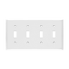 ENERLITES 8814 four-gang toggle switch wall plate made of polycarbonate thermoplastic, smooth finish, heat and impact resistant, UL listed, UL94 V2 flammability rating.