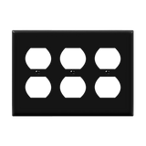 ENERLITES 8823 three-gang duplex wall plate, durable polycarbonate thermoplastic, heat and fade resistant, UL94 V2 flammability rated, easy-to-clean smooth finish.