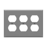 ENERLITES 8823 three-gang duplex wall plate, durable polycarbonate thermoplastic, heat and fade resistant, UL94 V2 flammability rated, easy-to-clean smooth finish.