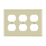 ENERLITES 8823 three-gang duplex wall plate, durable polycarbonate thermoplastic, heat and fade resistant, UL94 V2 flammability rated, easy-to-clean smooth finish.