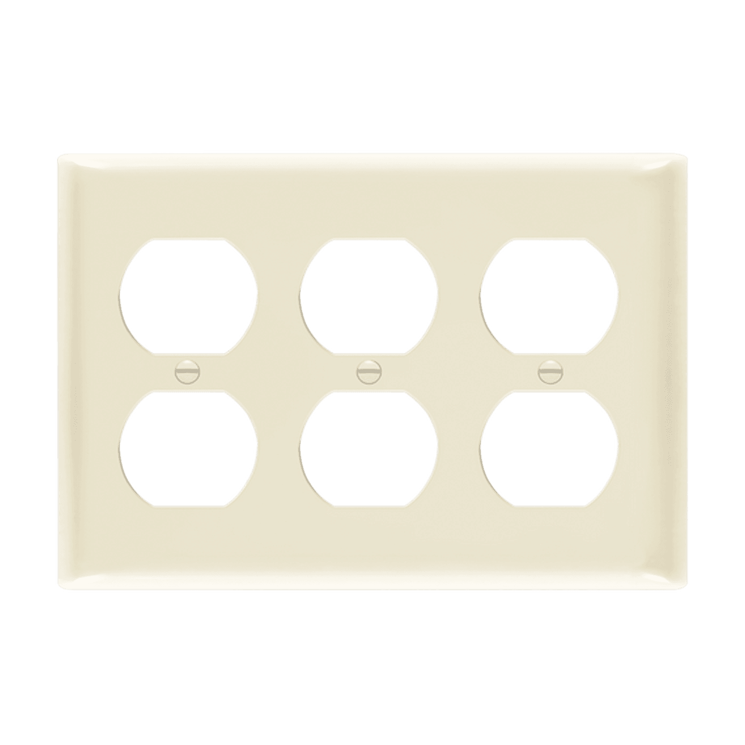ENERLITES 8823 three-gang duplex wall plate, durable polycarbonate thermoplastic, heat and fade resistant, UL94 V2 flammability rated, easy-to-clean smooth finish.