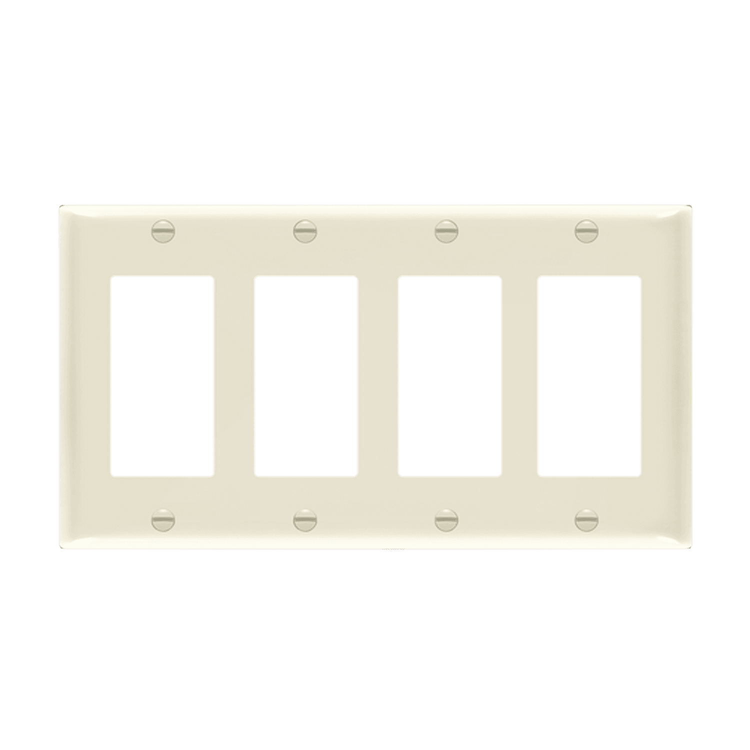 ENERLITES 8834M four-gang mid-size Decorator GFCI wall plate made of polycarbonate thermoplastic, smooth finish, heat and impact resistant, UL listed, UL94 V2 flammability rating.
