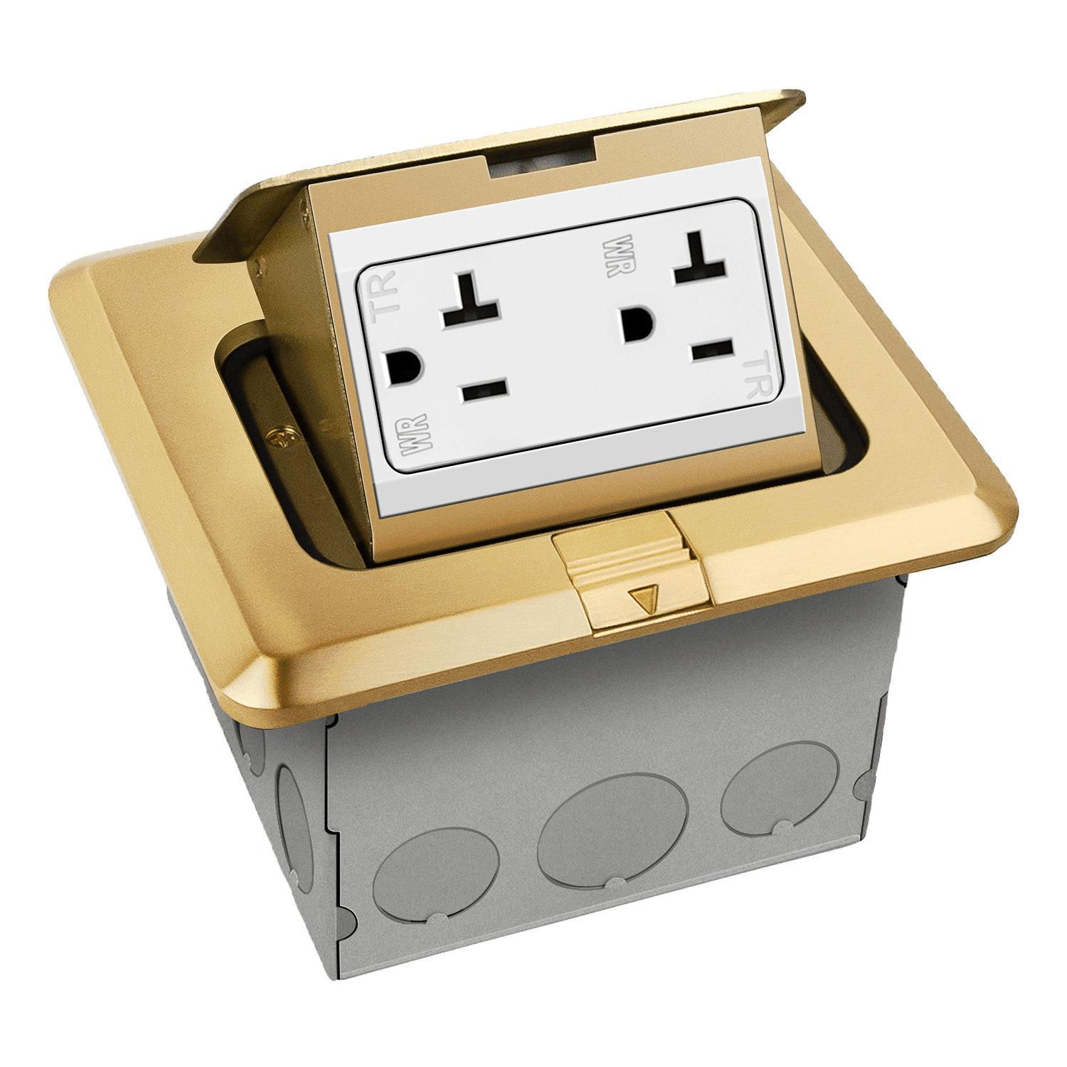 Enerlites 961243-C 1-gang brass square pop-up floor box kit with 20A tamper- and weather-resistant decorator duplex receptacle