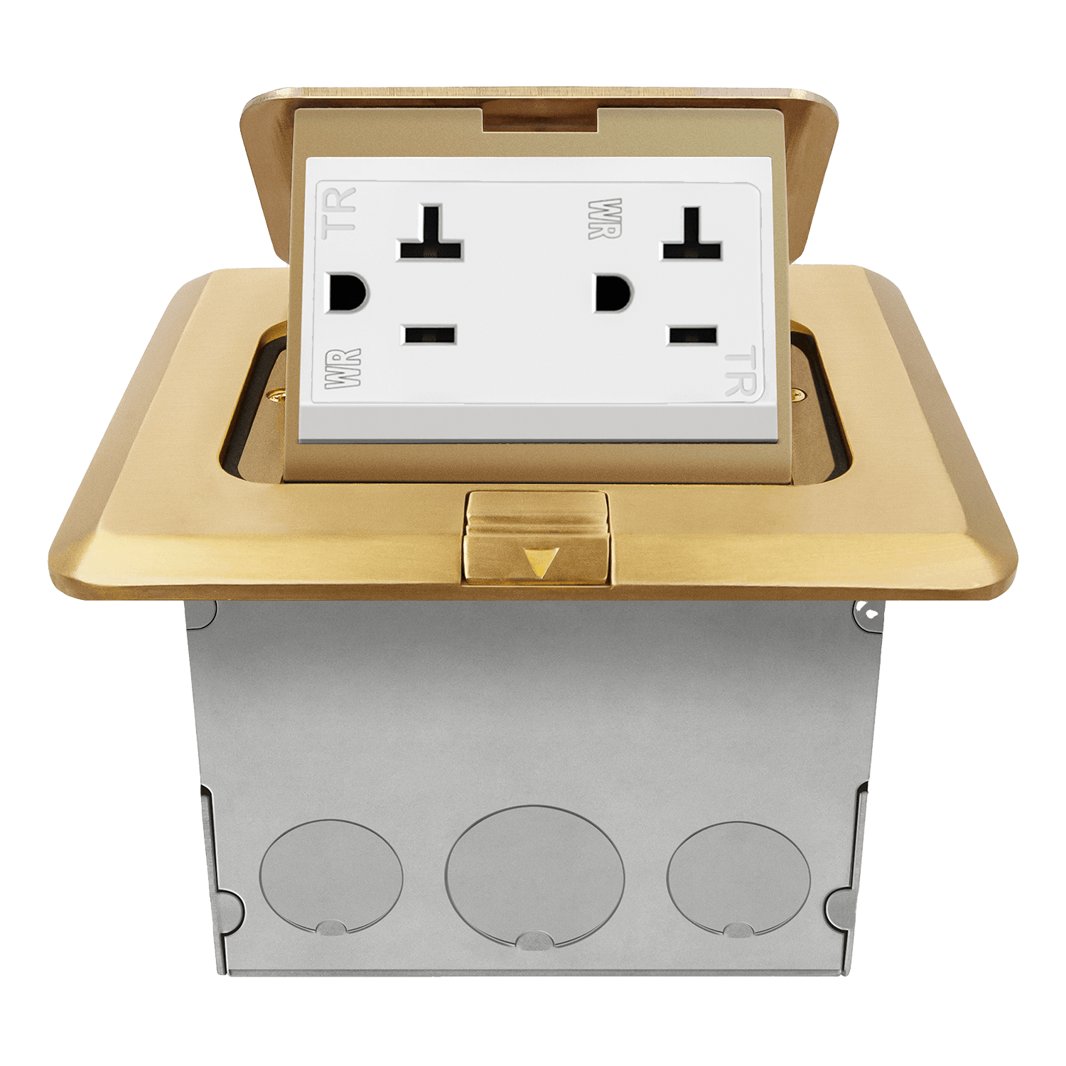 Enerlites 961243-C 1-gang brass square pop-up floor box kit with 20A tamper- and weather-resistant decorator duplex receptacle