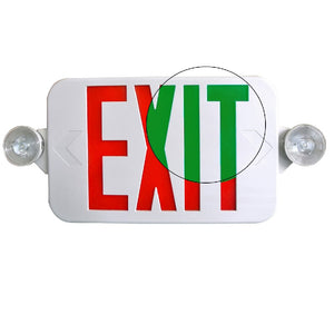 Low Profile All LED Exit & Emergency Thermoplastic Combo CEU with Red/Green selectable LED letters, dual adjustable white LED lamp heads, and NiCd battery backup.
