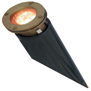 Lensed Well Light with PVC Sleeve in antique bronze brass or stainless steel, MR-16 compatible, clear tempered glass lens, and corrosion-resistant design for premium landscape uplighting.