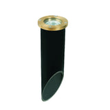 Lensed in-ground well light with PVC sleeve, available in aluminum, composite, or natural brass, Black or Natural Brass finishes, MR-16 compatible.