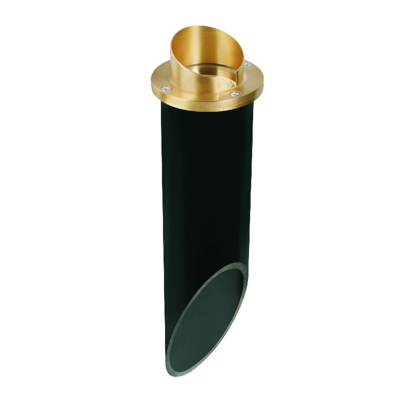 Hooded in-ground well light with PVC sleeve, available in aluminum, composite, or natural brass, Black or Natural Brass finishes, MR-16 compatible.