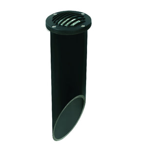 Louvered in-ground well light with PVC sleeve, available in aluminum, composite, or natural brass, Black or Natural Brass finish, MR-16 compatible.