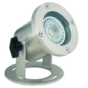 316 Marine Grade Stainless Steel Underwater Light with 30′ Cord, MR-16 socket, tempered glass lens, brass base mounting for fountains and water features.