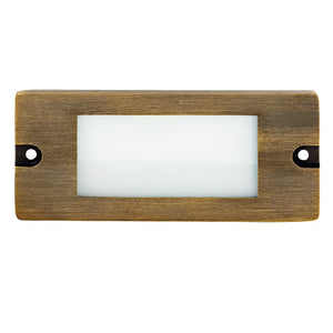 5.5 inch brass LED step light, small lensed backless box design, antique bronze, gun metal, and silver finishes, with frosted lens