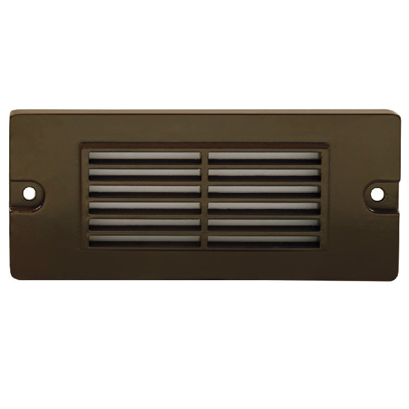5.5-inch small louvered backless box step light in aluminum, Black or Bronze finish, with integrated 2.5W LED, surface mounted for masonry steps and walls.