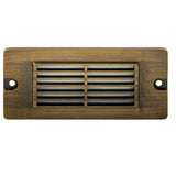 5.5 inch brass LED step light, small louvered backless box design, antique bronze, gun metal, and silver finishes with frosted lens
