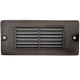 5.5 inch brass LED step light, small louvered backless box design, antique bronze, gun metal, and silver finishes with frosted lens