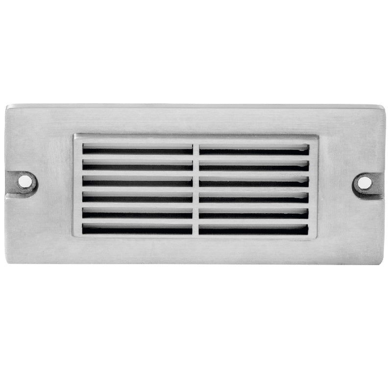 5.5 inch brass LED step light, small louvered backless box design, antique bronze, gun metal, and silver finishes with frosted lens
