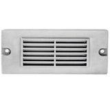 5.5 inch brass LED step light, small louvered backless box design, antique bronze, gun metal, and silver finishes with frosted lens