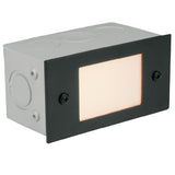 Lensed step light with aluminum housing and white polycarbonate lens, available in Black, Bronze, Rust, and White finishes for outdoor recessed step or wall lighting.