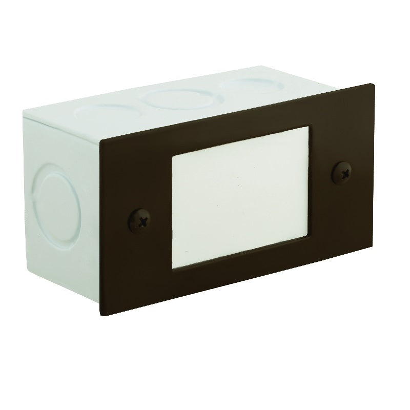 Lensed step light with aluminum housing and white polycarbonate lens, available in Black, Bronze, Rust, and White finishes for outdoor recessed step or wall lighting.
