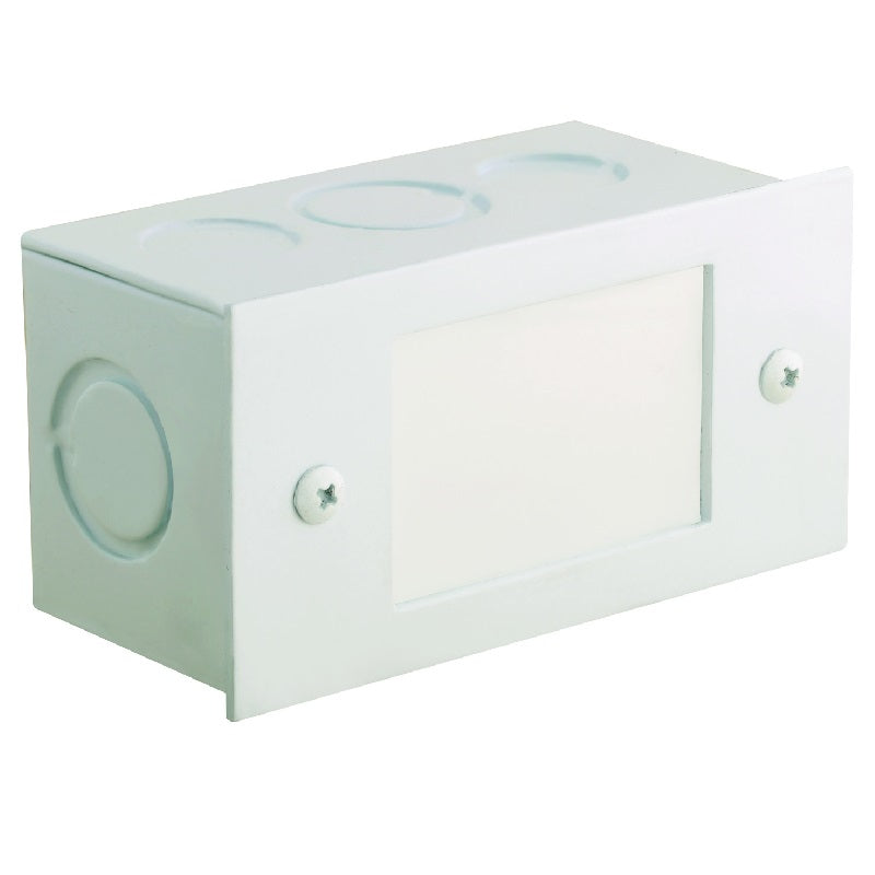 Lensed step light with aluminum housing and white polycarbonate lens, available in Black, Bronze, Rust, and White finishes for outdoor recessed step or wall lighting.