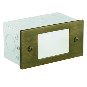 Brass lensed boxed step light with white polycarbonate lens, available in Antique Bronze, Gun Metal, and Old Copper finishes
