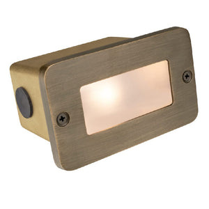 Brass lensed step light in Antique Bronze and Gun Metal finish with frosted glass lens for outdoor pathways and masonry walls