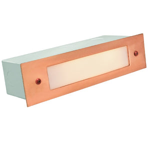 Copper Lensed Brick Step Light with Raw Copper finish, recessed mount, frosted lens, and 12V SCB socket for outdoor steps and pathways.