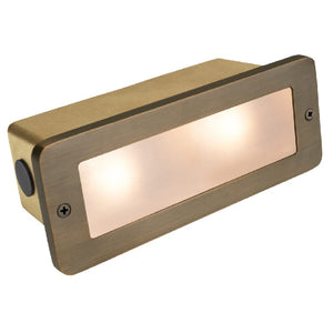 Lensed Brick Light in Antique Bronze and Gun Metal brass finish with frosted lens for outdoor step, pathway, and masonry lighting