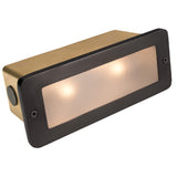 Lensed Brick Light in Antique Bronze and Gun Metal brass finish with frosted lens for outdoor step, pathway, and masonry lighting