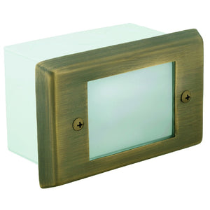 Brass lensed step light with frosted glass lens in Antique Bronze finish for outdoor recessed masonry installation