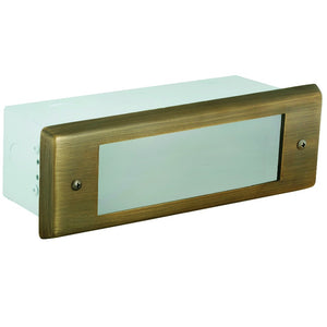 Brass lensed brick step light in Antique Bronze finish with frosted glass lens and recessed mount