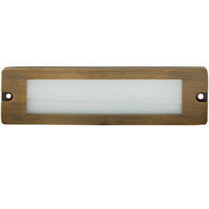 8.75 inch brass LED brick light, large lensed backless box design, antique bronze, gun metal, and silver finishes with frosted lens