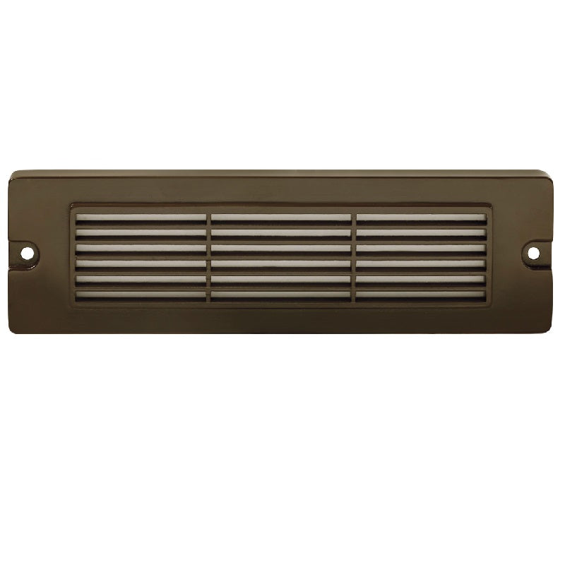 8.75-inch large louvered backless box brick step light in Black or Bronze aluminum finish with integrated 5W LED, surface mount for outdoor masonry walls.