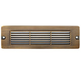 8.75 inch brass LED brick light, large louvered backless box design, antique bronze, gun metal, and silver finishes with frosted lens