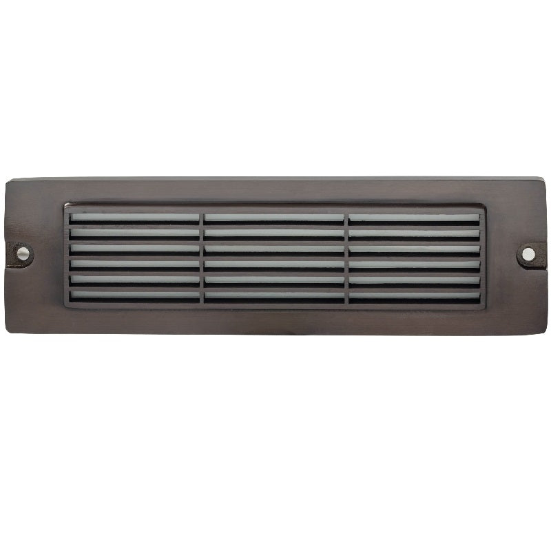 8.75 inch brass LED brick light, large louvered backless box design, antique bronze, gun metal, and silver finishes with frosted lens