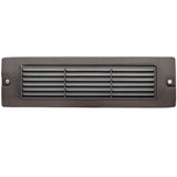 8.75 inch brass LED brick light, large louvered backless box design, antique bronze, gun metal, and silver finishes with frosted lens