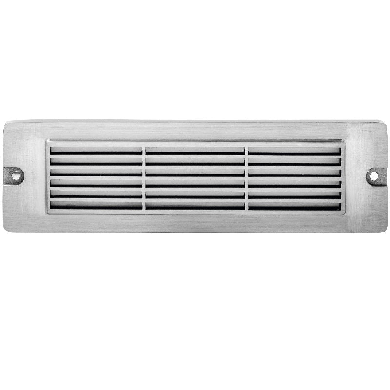 8.75 inch brass LED brick light, large louvered backless box design, antique bronze, gun metal, and silver finishes with frosted lens